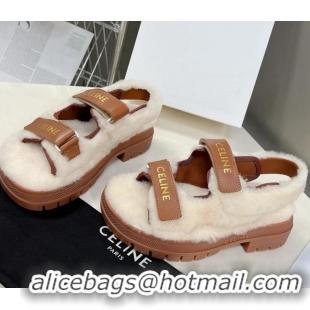 Top Design Celine Wool and Leather Strap Sandals Brown 092109