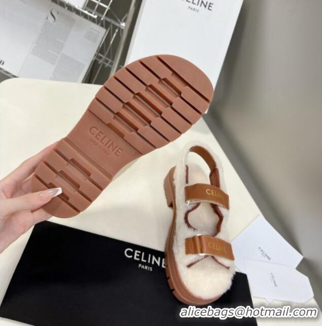 Top Design Celine Wool and Leather Strap Sandals Brown 092109