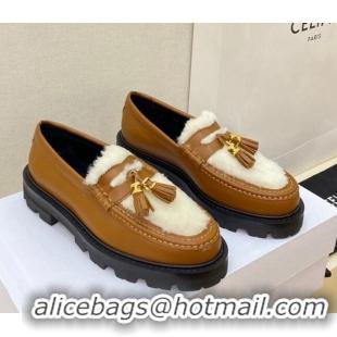 1:1 aaaaa Celine Leather and Shearling Loafers with Tassel Brown 100963 