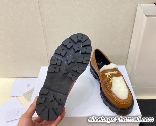 1:1 aaaaa Celine Leather and Shearling Loafers with Tassel Brown 100963 