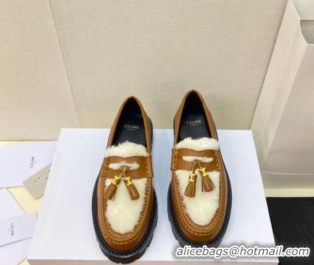 1:1 aaaaa Celine Leather and Shearling Loafers with Tassel Brown 100963 