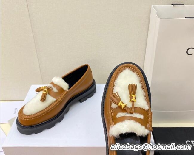 1:1 aaaaa Celine Leather and Shearling Loafers with Tassel Brown 100963 