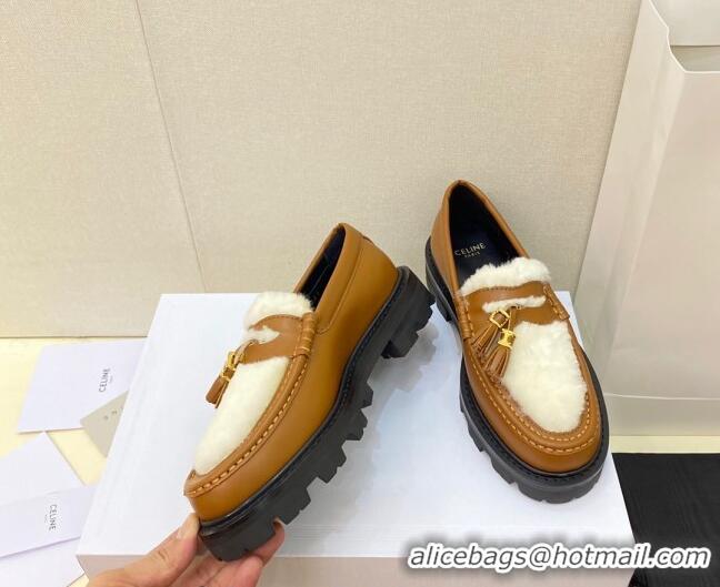 1:1 aaaaa Celine Leather and Shearling Loafers with Tassel Brown 100963 