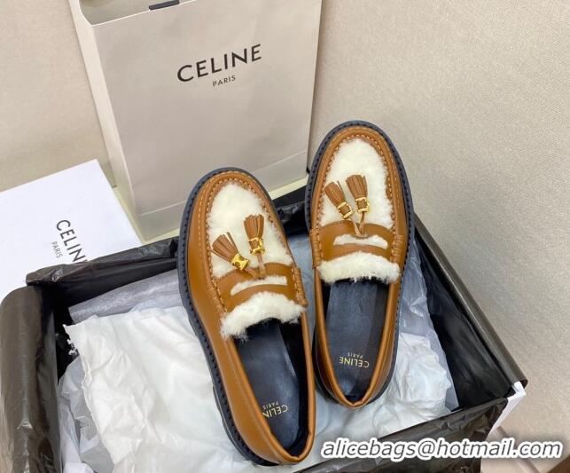 1:1 aaaaa Celine Leather and Shearling Loafers with Tassel Brown 100963 