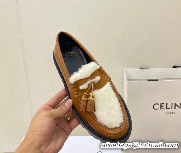 1:1 aaaaa Celine Leather and Shearling Loafers with Tassel Brown 100963 