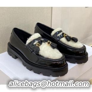 Stylish Celine Leather and Shearling Loafers with Tassel Black 100964