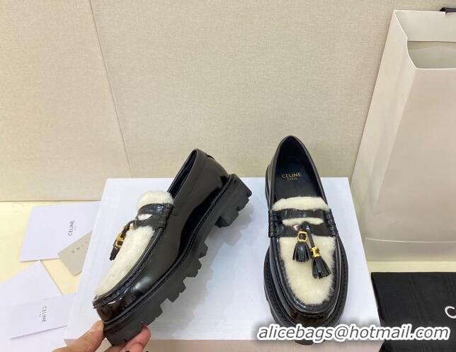 Stylish Celine Leather and Shearling Loafers with Tassel Black 100964