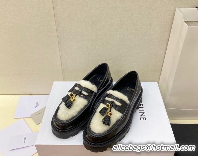 Stylish Celine Leather and Shearling Loafers with Tassel Black 100964