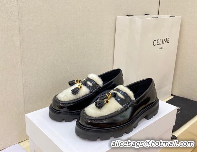 Stylish Celine Leather and Shearling Loafers with Tassel Black 100964