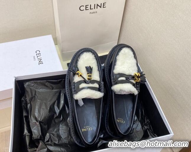 Stylish Celine Leather and Shearling Loafers with Tassel Black 100964