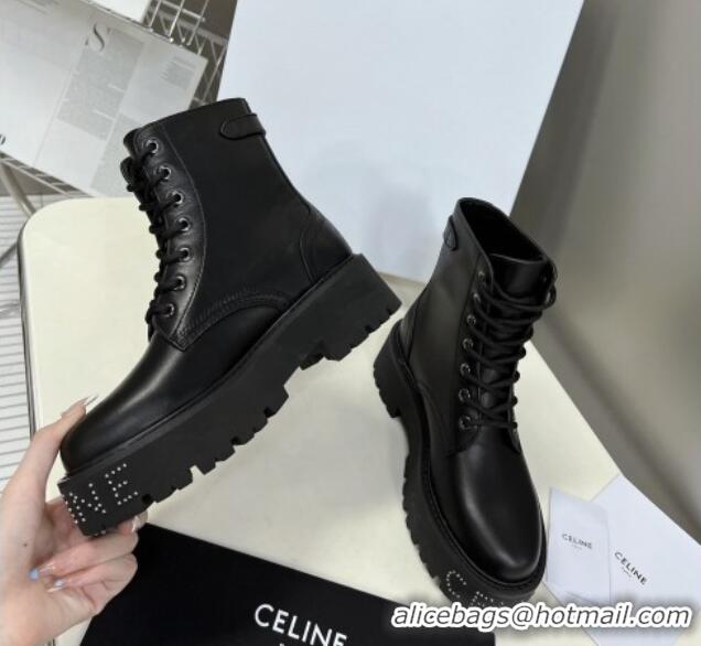 Shop Duplicate Celine Leather Lace-up Ankle Boots with Stud CELINE Black 100968