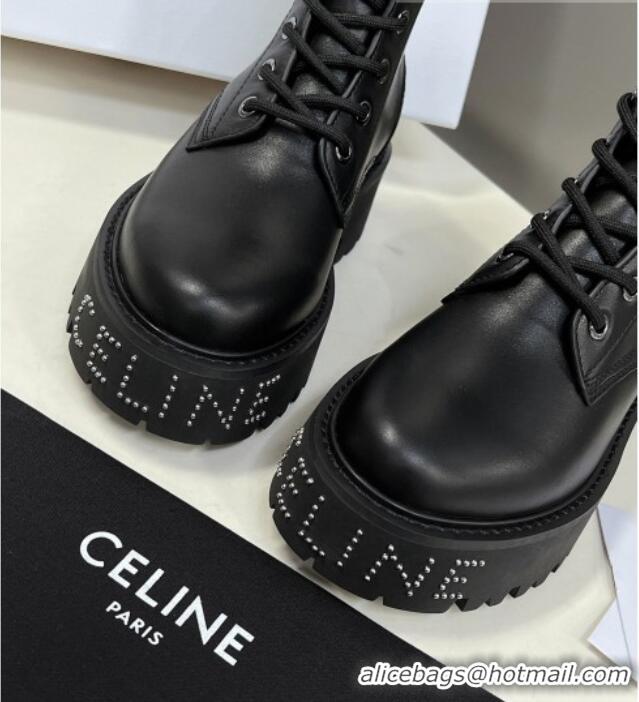 Shop Duplicate Celine Leather Lace-up Ankle Boots with Stud CELINE Black 100968