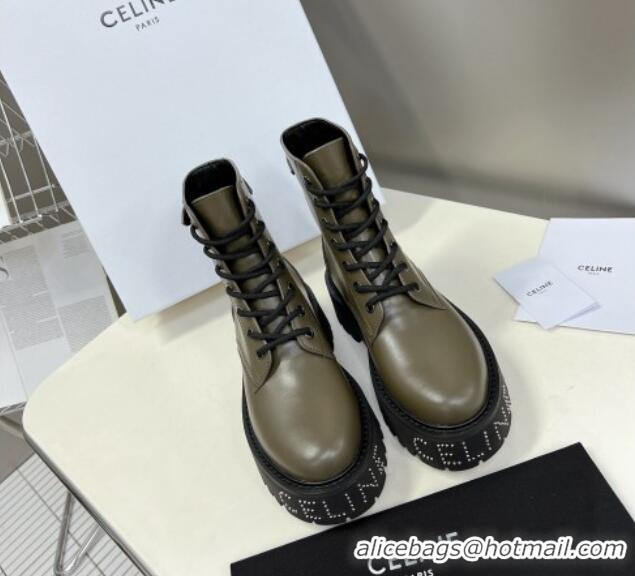 Luxury Discount Celine Leather Lace-up Ankle Boots with Stud CELINE Green 100969