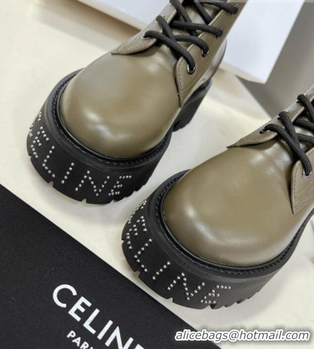 Luxury Discount Celine Leather Lace-up Ankle Boots with Stud CELINE Green 100969