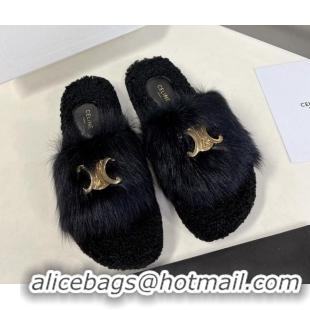 Luxury Celine Triomphe Wool Flat Slide Sandals Black 110105