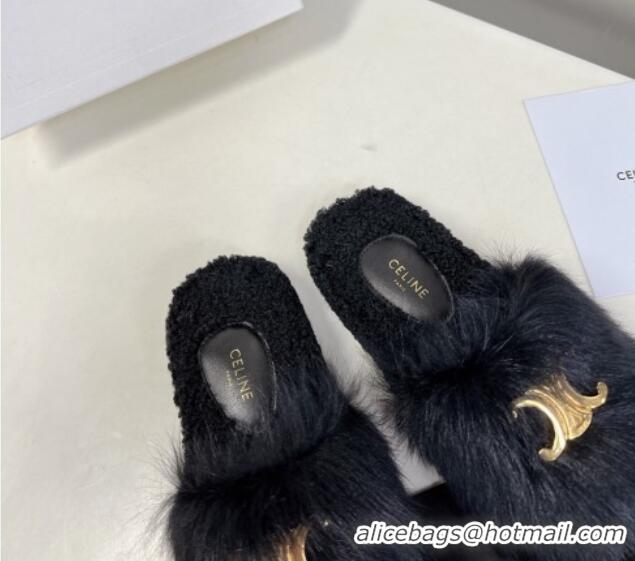 Luxury Celine Triomphe Wool Flat Slide Sandals Black 110105