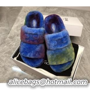 Stylish Celine Logo Wool Slide Sandals Blue 110108