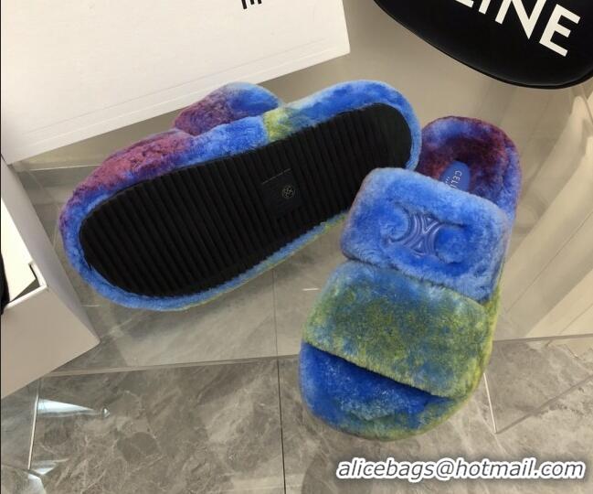 Stylish Celine Logo Wool Slide Sandals Blue 110108