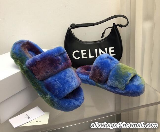 Stylish Celine Logo Wool Slide Sandals Blue 110108