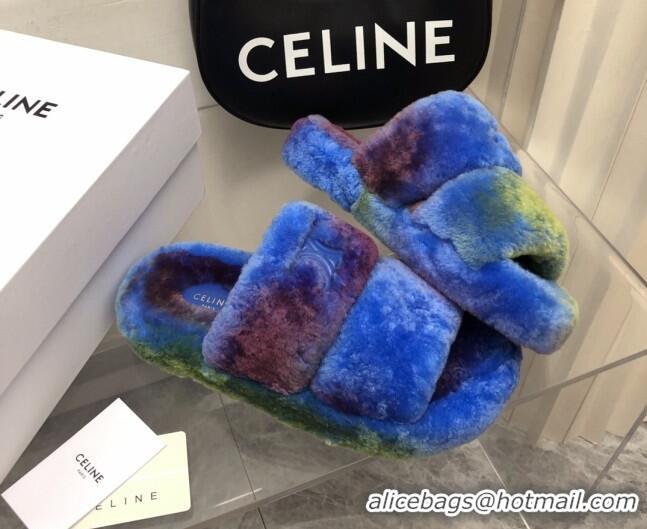 Stylish Celine Logo Wool Slide Sandals Blue 110108