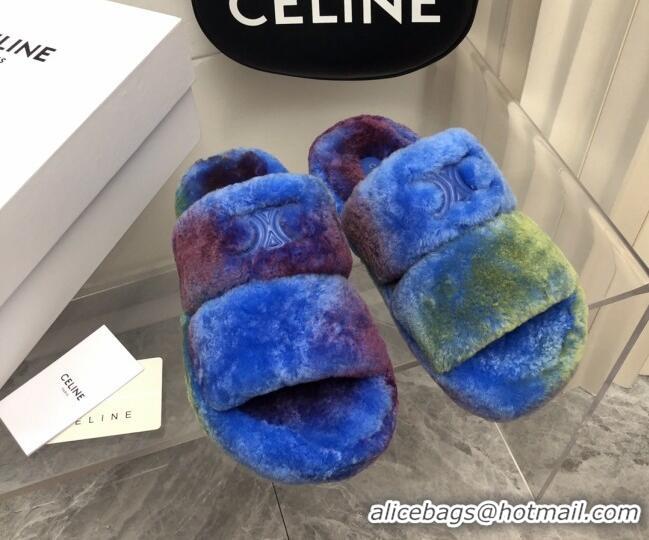 Stylish Celine Logo Wool Slide Sandals Blue 110108