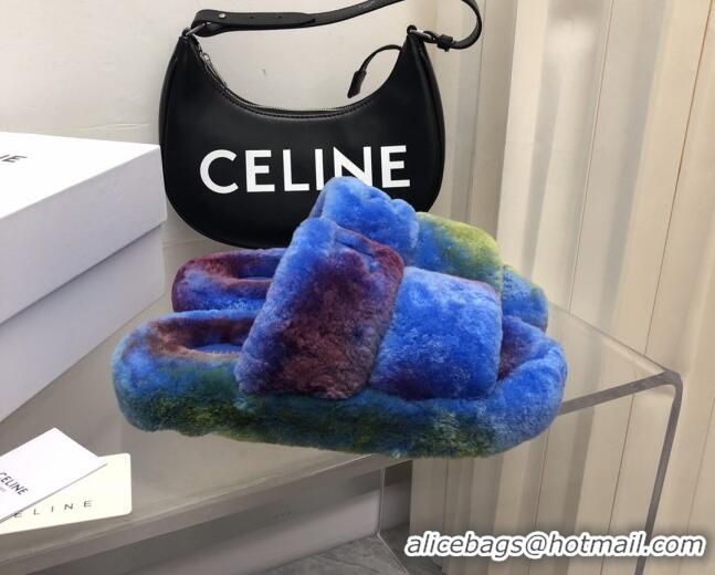 Stylish Celine Logo Wool Slide Sandals Blue 110108