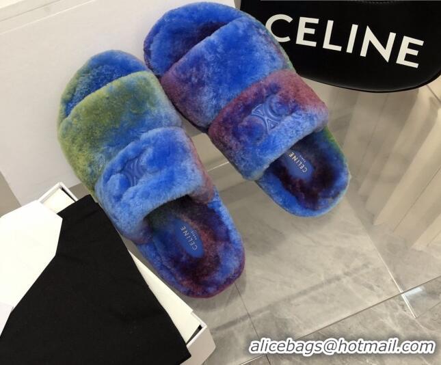 Stylish Celine Logo Wool Slide Sandals Blue 110108