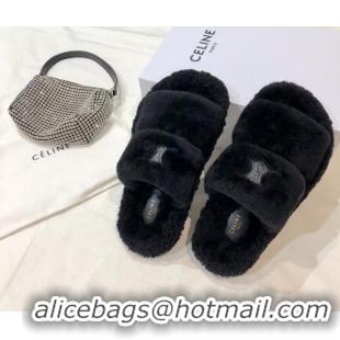 Sumptuous Celine Logo Wool Slide Sandals Black 110110