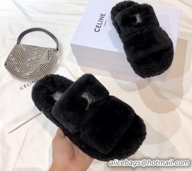 Sumptuous Celine Logo Wool Slide Sandals Black 110110