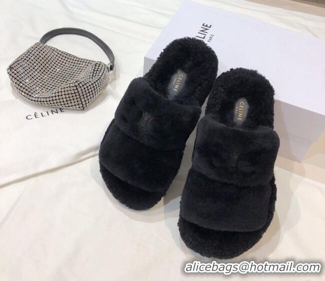 Sumptuous Celine Logo Wool Slide Sandals Black 110110