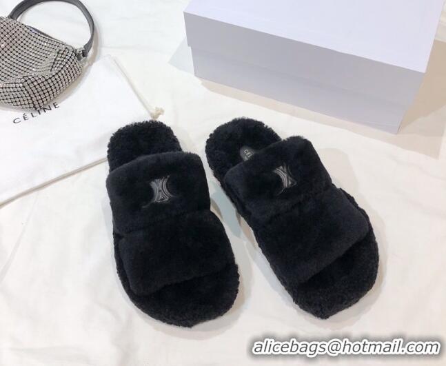 Sumptuous Celine Logo Wool Slide Sandals Black 110110