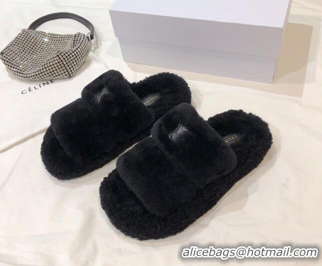 Sumptuous Celine Logo Wool Slide Sandals Black 110110