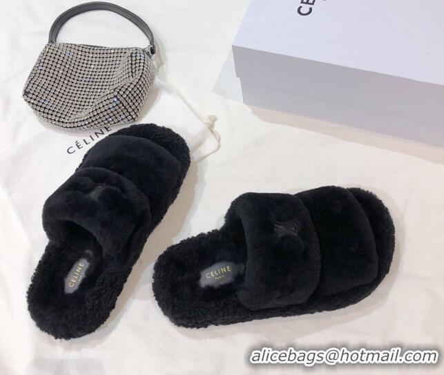 Sumptuous Celine Logo Wool Slide Sandals Black 110110