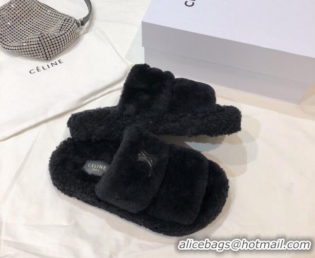 Sumptuous Celine Logo Wool Slide Sandals Black 110110