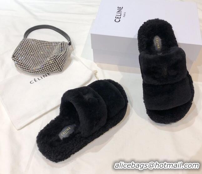 Sumptuous Celine Logo Wool Slide Sandals Black 110110