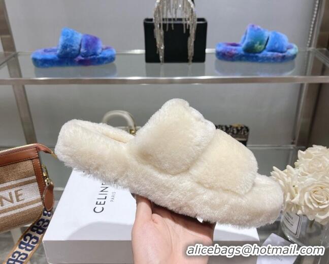 Pretty Style Celine Logo Wool Slide Sandals White 110112