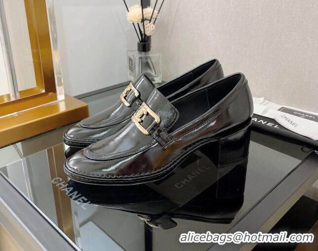 Unique Style Chanel Shiny Calfskin Loafers 5.5cm G39320 Black Leather