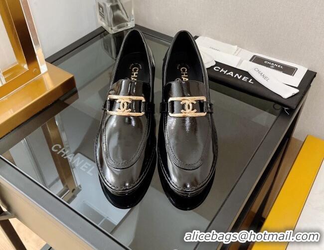 Unique Style Chanel Shiny Calfskin Loafers 5.5cm G39320 Black Leather