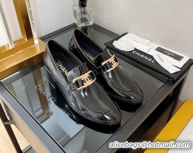 Unique Style Chanel Shiny Calfskin Loafers 5.5cm G39320 Black Leather