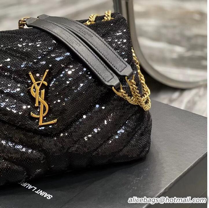 New Design SAINT LAURENT LOULOU SMALL CHAIN BAG IN QUILTED Y LEATHER SATIN AND SEQUINS 494699 black