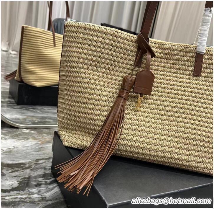 Promotional SAINT LAURENT PANIER MEDIUM BAG IN RAFFIA Y811502 TAUPE