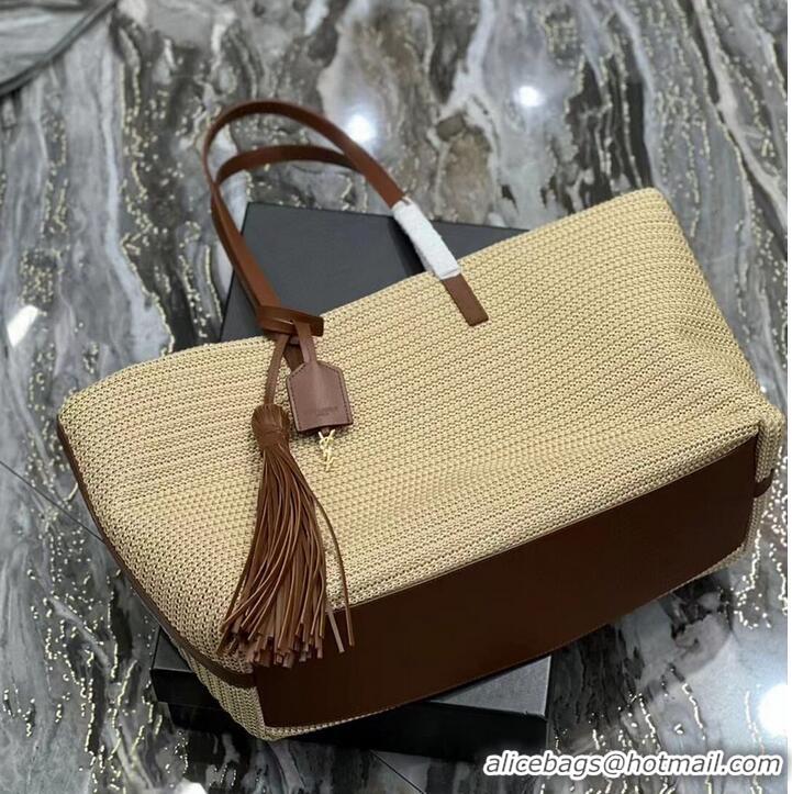 Promotional SAINT LAURENT PANIER MEDIUM BAG IN RAFFIA Y811502 TAUPE