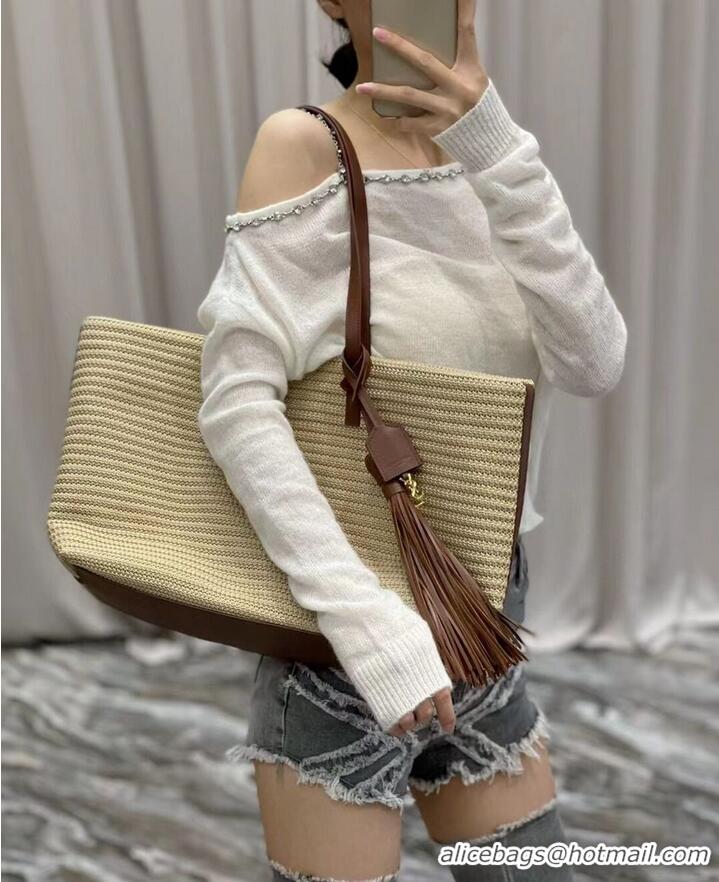 Promotional SAINT LAURENT PANIER MEDIUM BAG IN RAFFIA Y811502 TAUPE