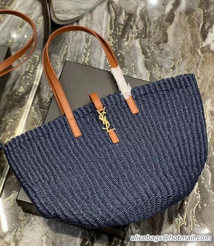 Good Taste SAINT LAURENT PANIER MEDIUM BAG IN CROCHET RAFFIA AND SMOOTH LEATHER 688221 dark blue