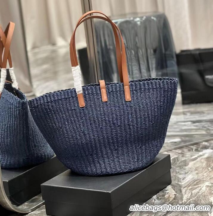 Good Taste SAINT LAURENT PANIER MEDIUM BAG IN CROCHET RAFFIA AND SMOOTH LEATHER 688221 dark blue