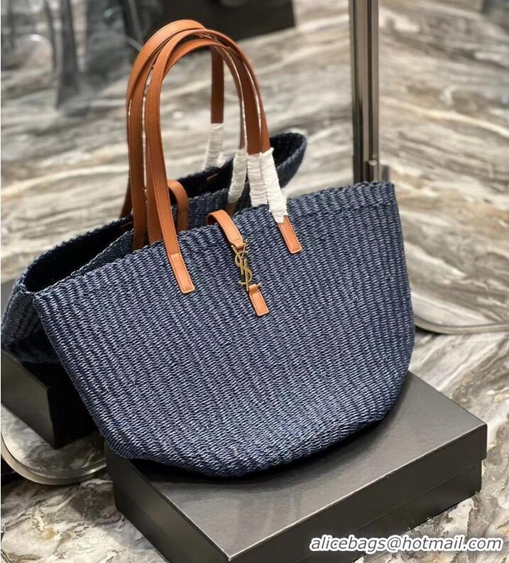 Good Taste SAINT LAURENT PANIER MEDIUM BAG IN CROCHET RAFFIA AND SMOOTH LEATHER 688221 dark blue