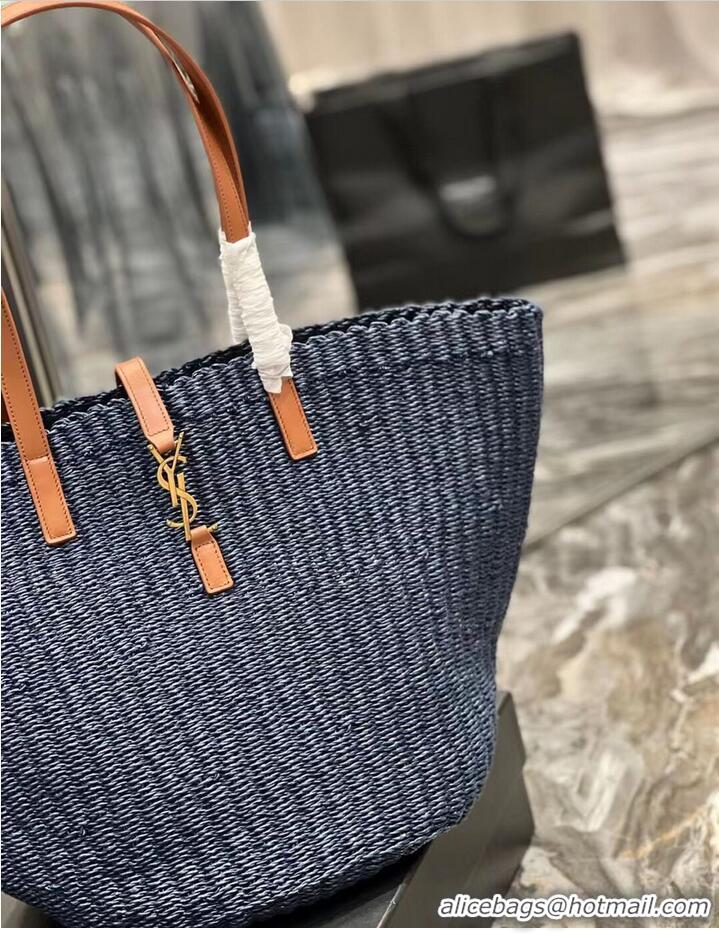 Good Taste SAINT LAURENT PANIER MEDIUM BAG IN CROCHET RAFFIA AND SMOOTH LEATHER 688221 dark blue