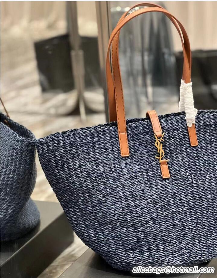 Good Taste SAINT LAURENT PANIER MEDIUM BAG IN CROCHET RAFFIA AND SMOOTH LEATHER 688221 dark blue