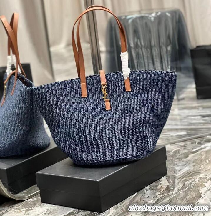 Good Taste SAINT LAURENT PANIER MEDIUM BAG IN CROCHET RAFFIA AND SMOOTH LEATHER 688221 dark blue