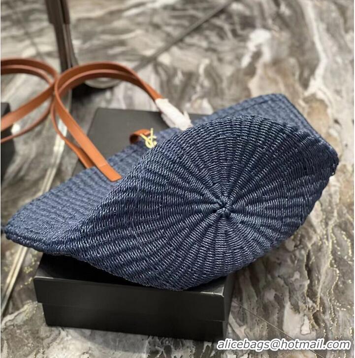 Good Taste SAINT LAURENT PANIER MEDIUM BAG IN CROCHET RAFFIA AND SMOOTH LEATHER 688221 dark blue